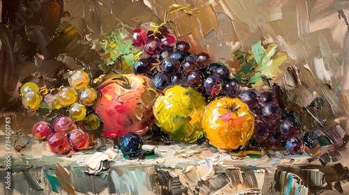 Oil paint, CÃ©zanne's fruit still life, rich colors, midday light, macro, textured realism.  photo