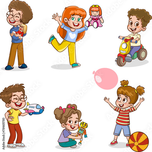 Set collection of vector cute baby kids characters playing with toys doing activities in different poses. Children jump, move, have fun in a good mood, play, hang out with different emotions.