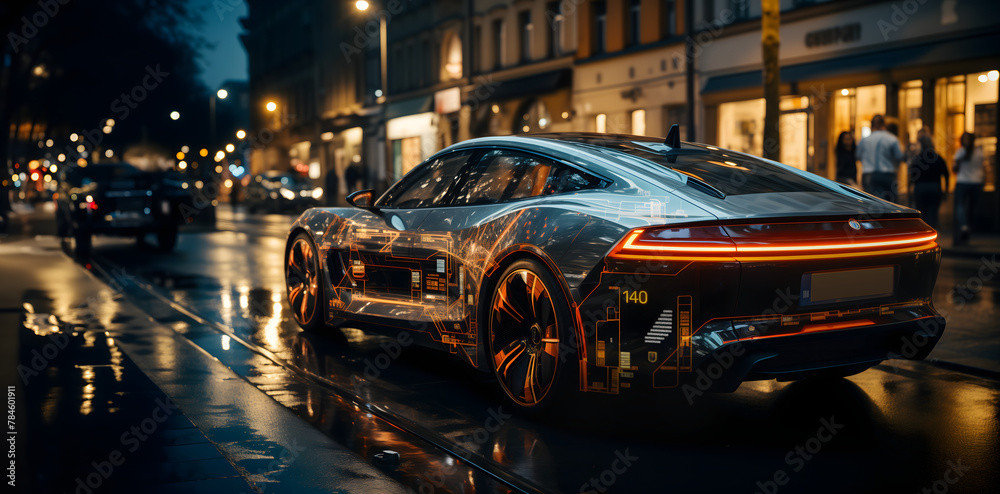AI beautiful futuristic car in the city, artificial intelligence transportation