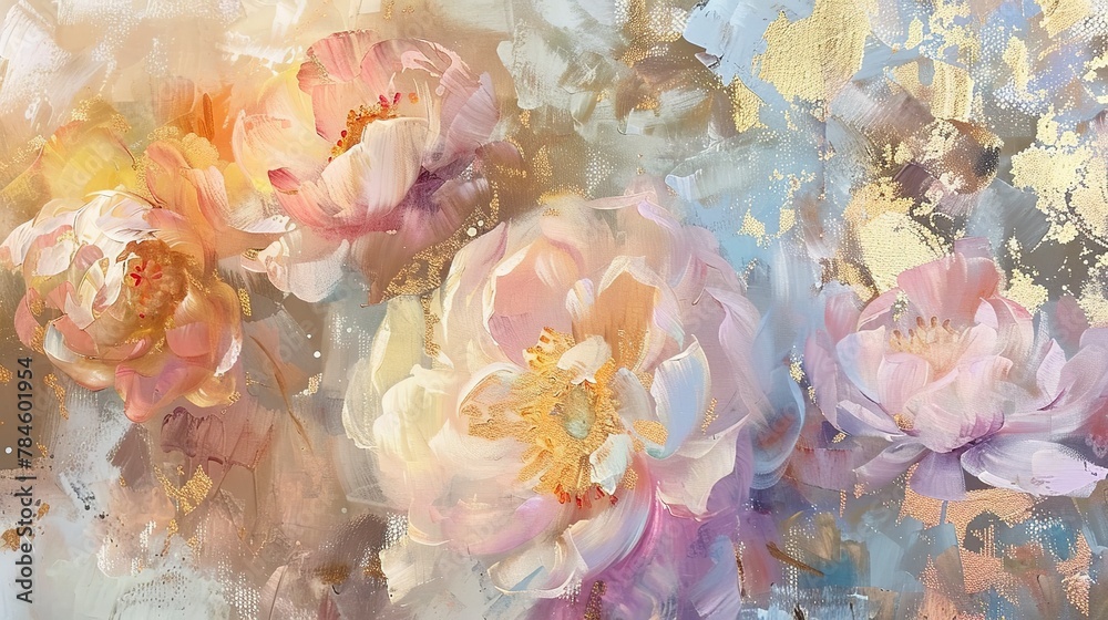 Abstract Oil painting, watercolor florals, pastel blooms, golden hour, close-up, delicate brushwork. 