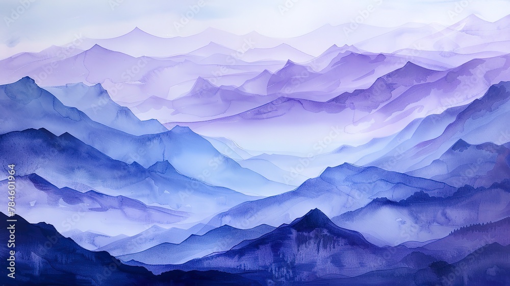 Oil painting, watercolor mountains, cool purples and blues, afternoon light, panoramic, misty layers.