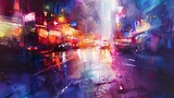 Abstract Oil painting, watercolor urban scene, vibrant street life, twilight, wide lens, wet-on-wet technique. 