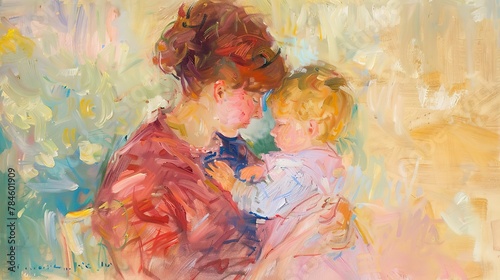 Abstract Oil painting, Cassatt's mother and child, warm emotional palette, twilight, panoramic, tender strokes. photo