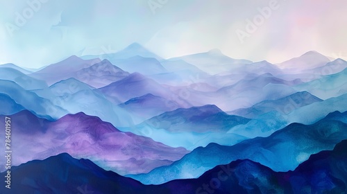 Oil painting, watercolor mountains, cool purples and blues, afternoon light, panoramic, misty layers. 