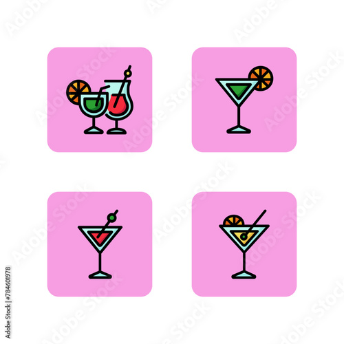 Cocktail line icon set. Different cocktails in glasses with straw, citrus and olive. Beverage and celebrstion concept. Can be used for topics likefestival, lounge, party.