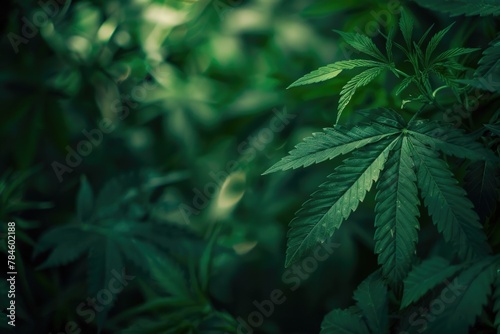 Weed Leaves  Cannabis Plantation with Wild Ganja in Medical Hemp Field