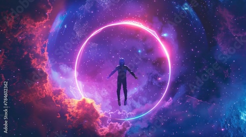 person inside a neon circle with starry sky background in high resolution