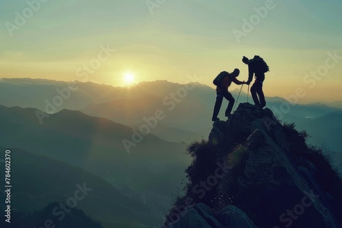 Beautiful Men. Silhouette of Two Traveling Friends Assisting Each Other in Extreme Mountain Climbing