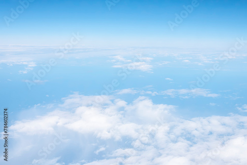 An aerial view of white fluffy clouds and sky.