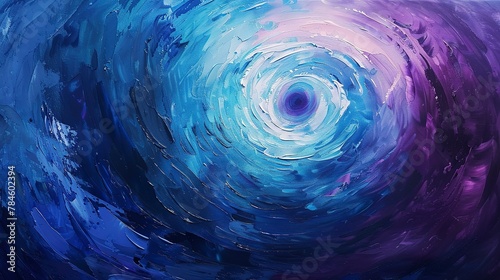 Oil paint, spiraling vortex, dynamic blues and purples, dawn light, macro, dizzying depth.
