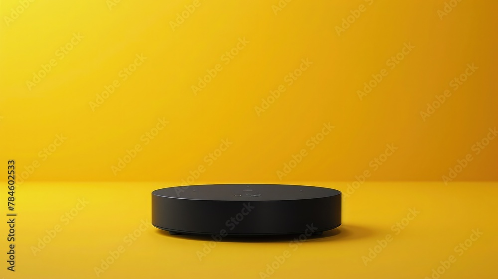 An empty product black cylinder podium from nature stone set against yellow wall background