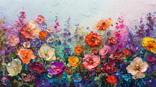 Oil paint, blooming chaos, vibrant floral mix, dawn light, wide angle, wild texture.