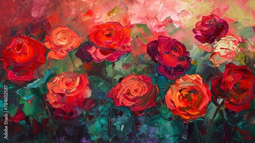 Oil painting, abstract roses, bold reds and greens, twilight, panoramic, layered petals. © Thanthara