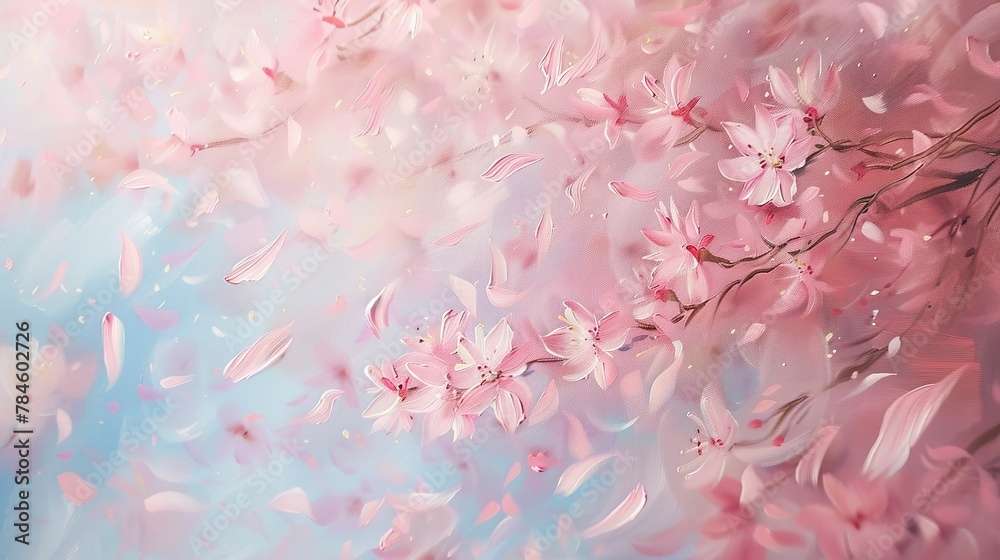 Abstract Oil painting, cherry blossom flurry, pastel pinks, soft breeze, close focus, floating petals.