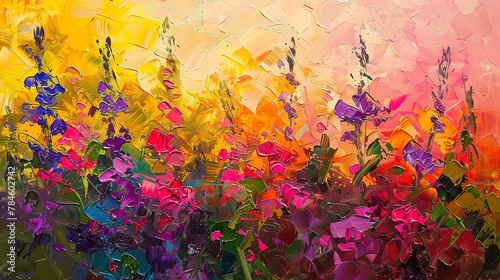Oil paint, wildflower abstract, riot of colors, sunset, wide lens, nature's splendor. 