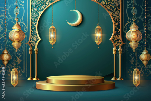 Mosque with Golden Moon and Stars in 3D Illustration