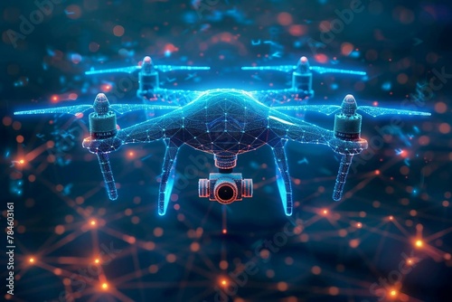 smart blue digital hologram drone with camera , ai in aerial surveillance systems, autonomous flight navigation, remote sensing technologies, and disaster response coordination. 