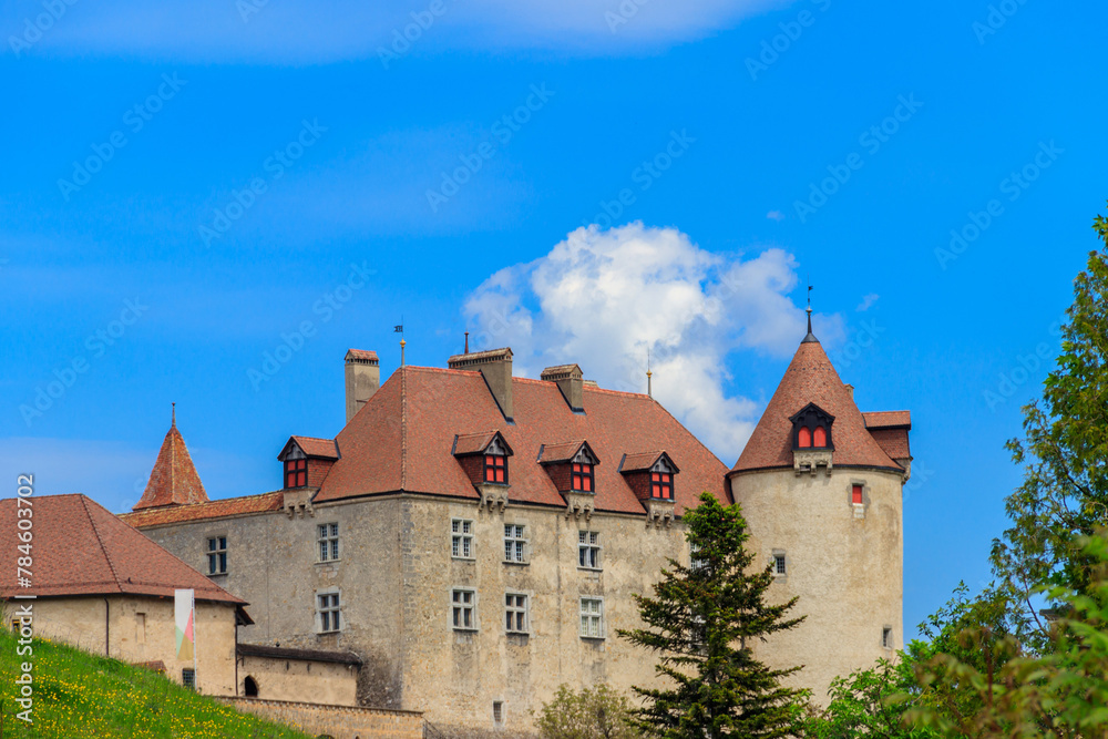 Exterior of medieval Gruyeres castle in Gruyeres town, Fribourg Canton, Switzerland