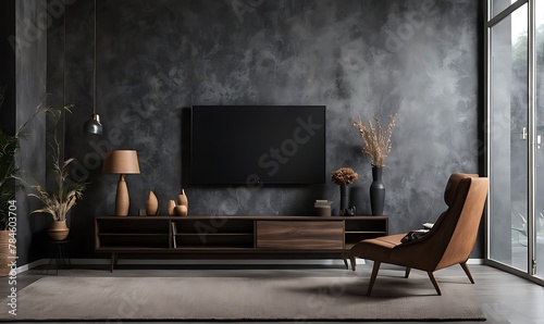 Cabinet for TV and accessories decor in living room interior on empty dark wall background 