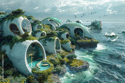 Futuristic Conceptual coastal community sustained by wave and tidal energy, Eco-friendly domes on rocky sea islets; waves crash, greenery thrives on concrete, harmony of innovation and nature.