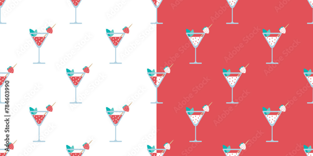 Seamless pattern of strawberry smoothie with mint. Cocktail, drink, home canning. Vector illustration of summer food. Isolated on white background, inversion. Seamless pattern of strawberry smoothie with mint. Cocktail, drink, home canning. Vector illustration of summer food. Isolated on white background, inversion.