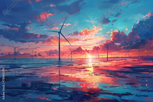 wind turbines standing tall on a windy coast at sunset, Wind turbines spin in the vibrant sunset over tranquil beach, reflecting on wet sand, invoking peace and renewable energy fusion.