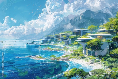 Futuristic Conceptual coastal community sustained by wave and tidal energy, Tranquil seascape with advanced, eco-friendly architecture nestled in cliffs, under clear blue skies, photo