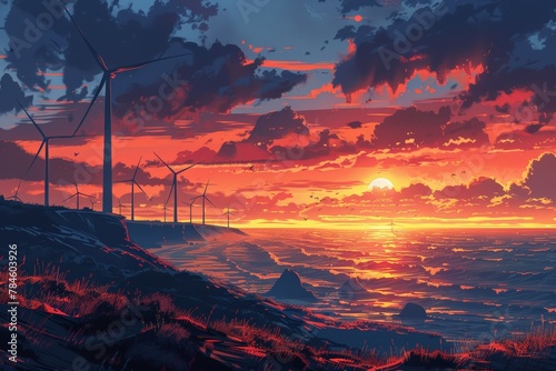 wind turbines standing tall on a windy coast at sunset, Sunset over beach with wind turbines, dynamic clouds painting the sky in fiery tones, symbolizing clean energy in natural settings.
