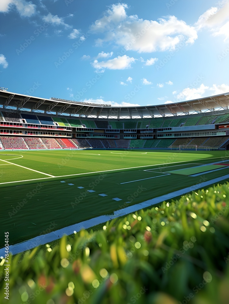 Fototapeta premium Expansive Sports Stadium with Verdant Turf and Towering Grandstands Under a Sweeping Sky