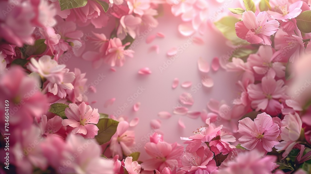 Romanticized hyper-realistic photo, delicate circular frame with dense cherry blossoms, Lush cherry blossoms form a tranquil canopy; gentle light filters through, creating serene, pastel dreamscape.