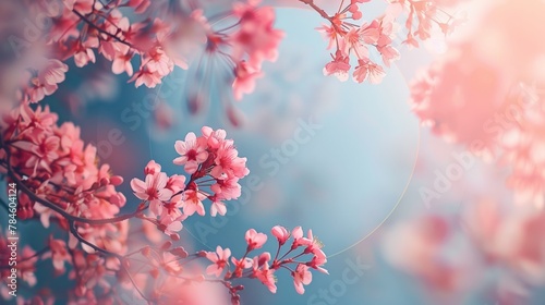Pop art-inspired photo, circular frame with stylized cherry blossoms, Delicate cherry blossoms against a soft blue sky, petals in vibrant pink hues, evoke spring's ephemeral beauty.