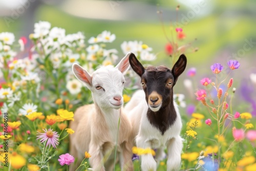 Two little funny baby goats in the field with flowers
