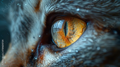Closeup of a Felidaes eye with water droplets, showing its whiskers and iris photo
