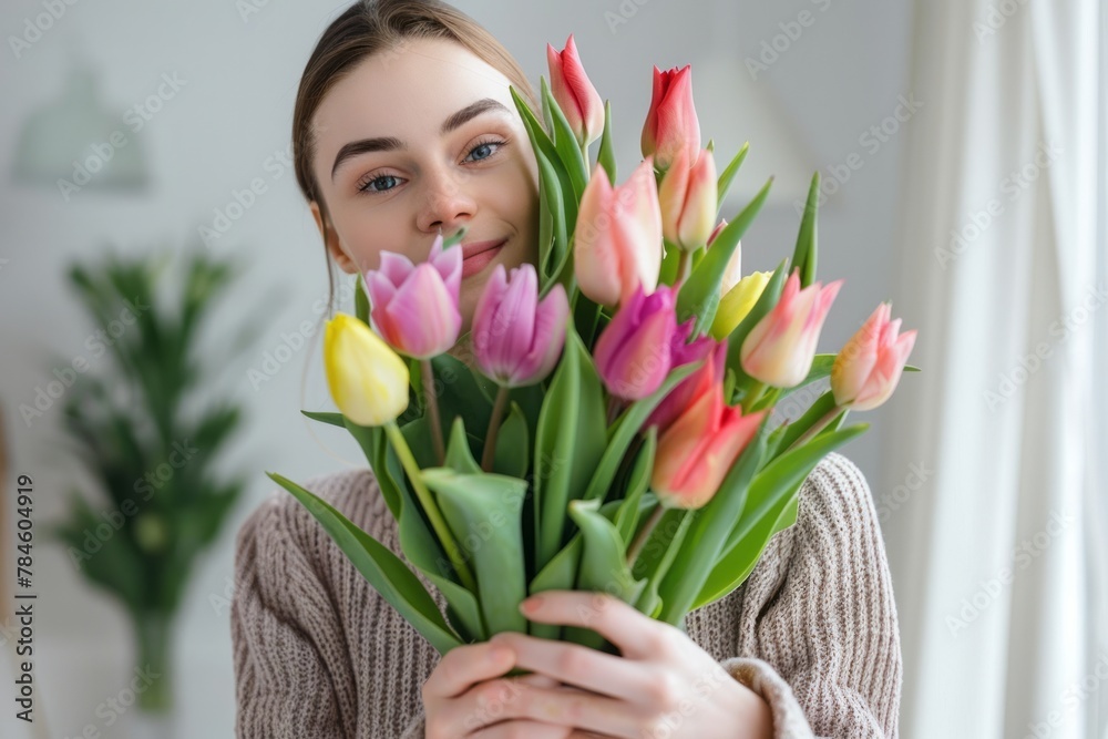 Beautiful smiling caucasian young woman with a bouquet of fresh tulips in her hands. AI generated