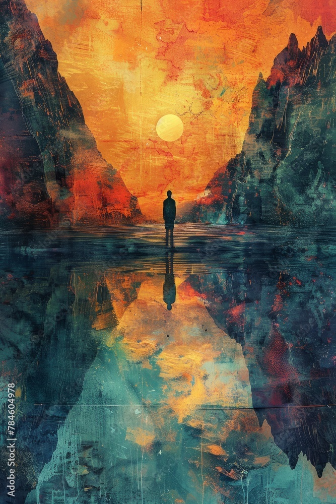 Solitary Figure Against Vivid Sunset Landscape