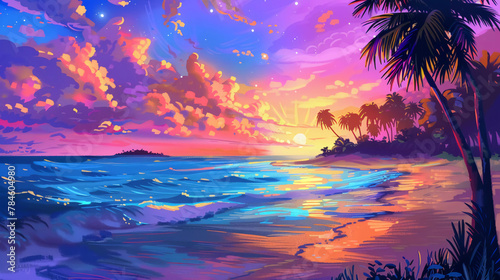 Beautiful Sunset beach with twilight sky ,white sand ,tropical plant,summer background.vector illustration.