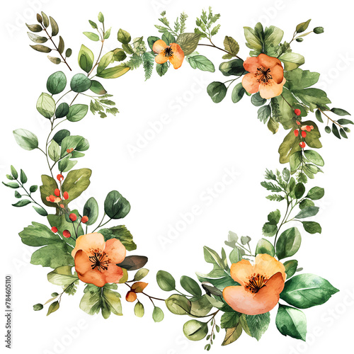 Floral branch and minimalist flowers in wreath borders and frame in watercolour style isolated on transparent background.