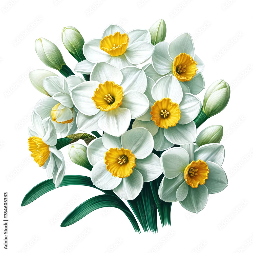 Fototapeta premium Bouquet of elegant white narcissus isolated on white background. Design element for greeting cards, invitations, cover, wedding decoration.