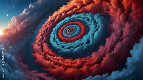 multicolored clouds wrapped into a spiral in a raster image. Blue-red biosphere, science fiction, star, spacecraft, future patterns, dense clouds. artwork produced in three dimensions View Less