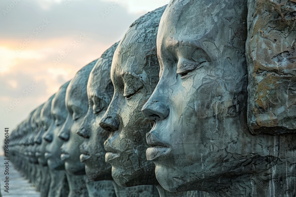 Fototapeta premium Row of Serene Stone Statues of Womens Faces