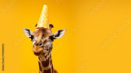 Funny giraffe with party hat and sunglasses isolated on yellow background © KRIS