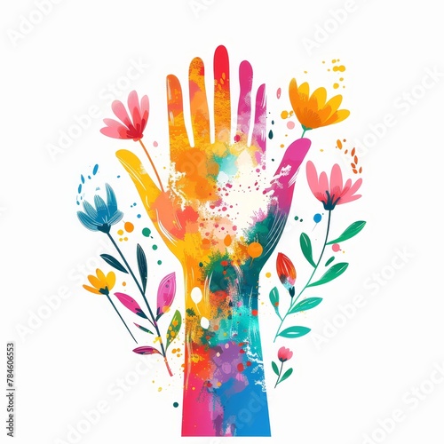Colorful watercolor hand with flowers.