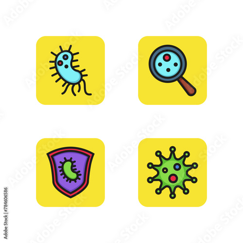 Laboratory line icon set. Star-shaped bacteria, cell, virus through magnifying glass, germ in shield. Science concept. Can be used for topics like research, biotechnology, medicine