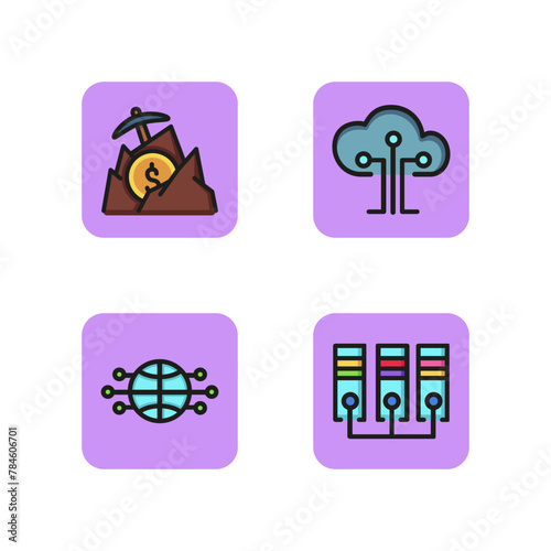 Mining line icon set. Worldwide network, cloud technology, bitcoin mining, mining rig. Cryptocurrency concept. Can be used for topics like blockchain, equipment, computing, online data