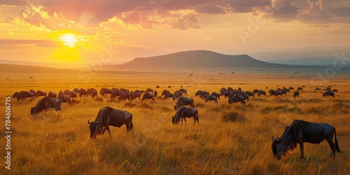 A group of wildebeests grazing, the panoramic savanna landscape stretching into the horizon, with the setting sun casting a warm glow over the distant mountains. © Sasint