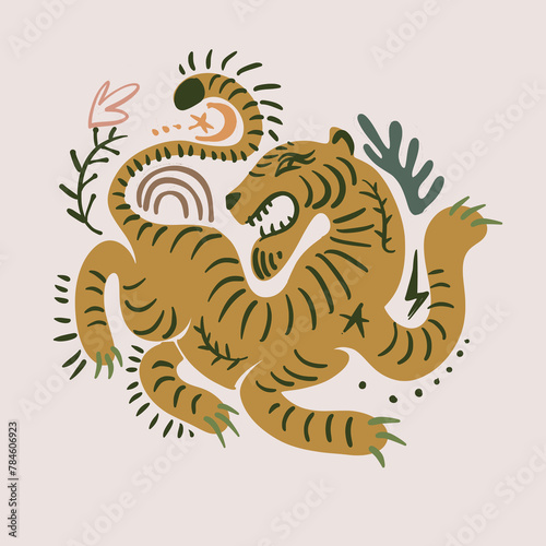 Ornate boho asian style tiger. Beautiful animal print design. Fashionable stylish poster . Vector Illustration  