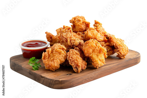 Country-Style Fried Chicken: Crispy fried chicken pieces on a wooden board with dipping sauces.