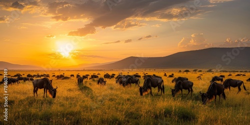 A group of wildebeests grazing, the panoramic savanna landscape stretching into the horizon, with the setting sun casting a warm glow over the distant mountains. photo