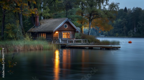 Paint a picturesque scene featuring a tranquil lake, a charming cottage nestled by the shore, and a jetty extending peacefully into the water 