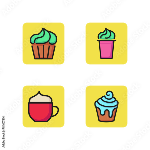 Dessert line icon set. Cupcakes with whipped cream, ice-cresm, coffee. Breakgast, coffee break concept. Can be used for topics like sweet food, bakery, cafe